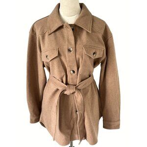 Joie Mid Length Jacket Shacket Sz M Tan Camel Lined Button Down Belted Pockets